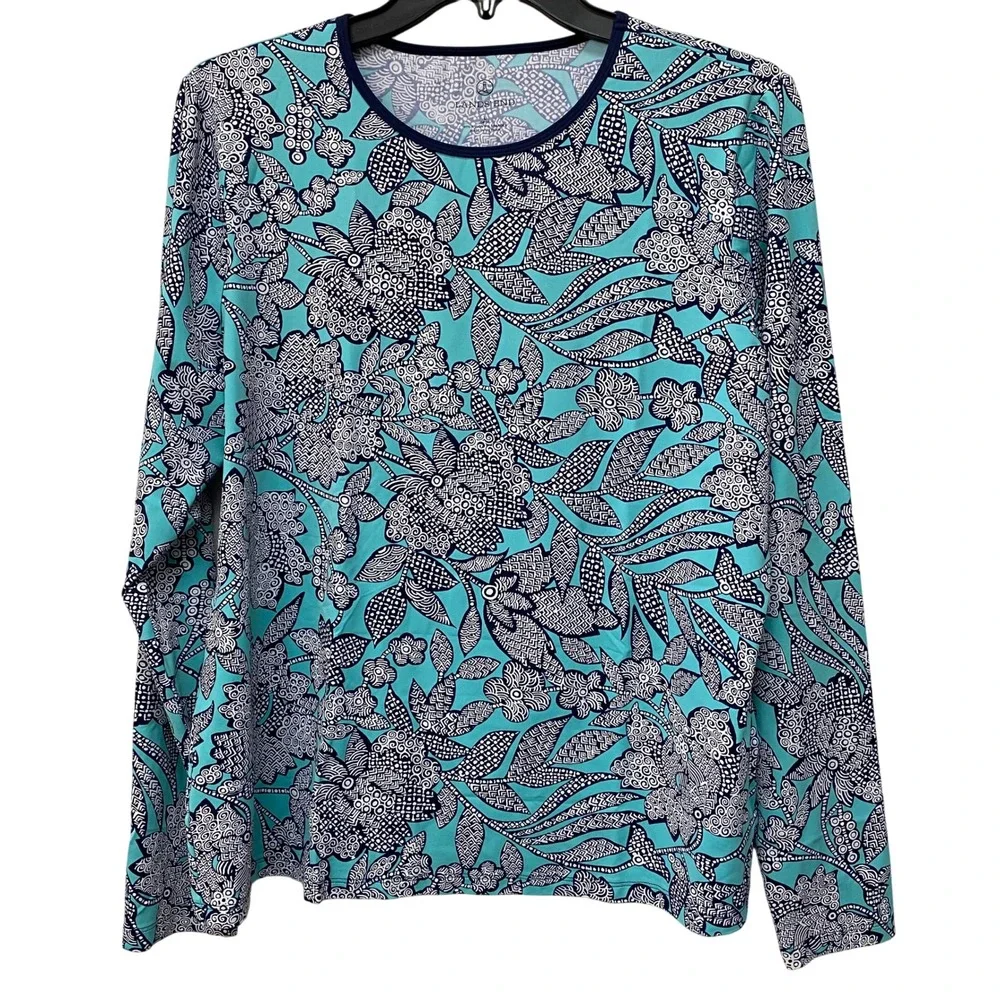 Lands' End L Floral Swim Shirt Rash Guard Long Sleeve Aqua Blue White Navy - Picture 1 of 9